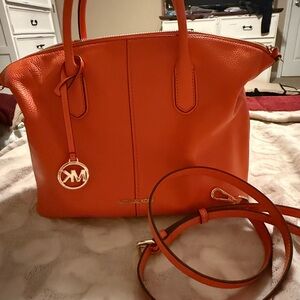 Michael Kors Orange Pebbled Leather Tote with Gold Logo Charm
